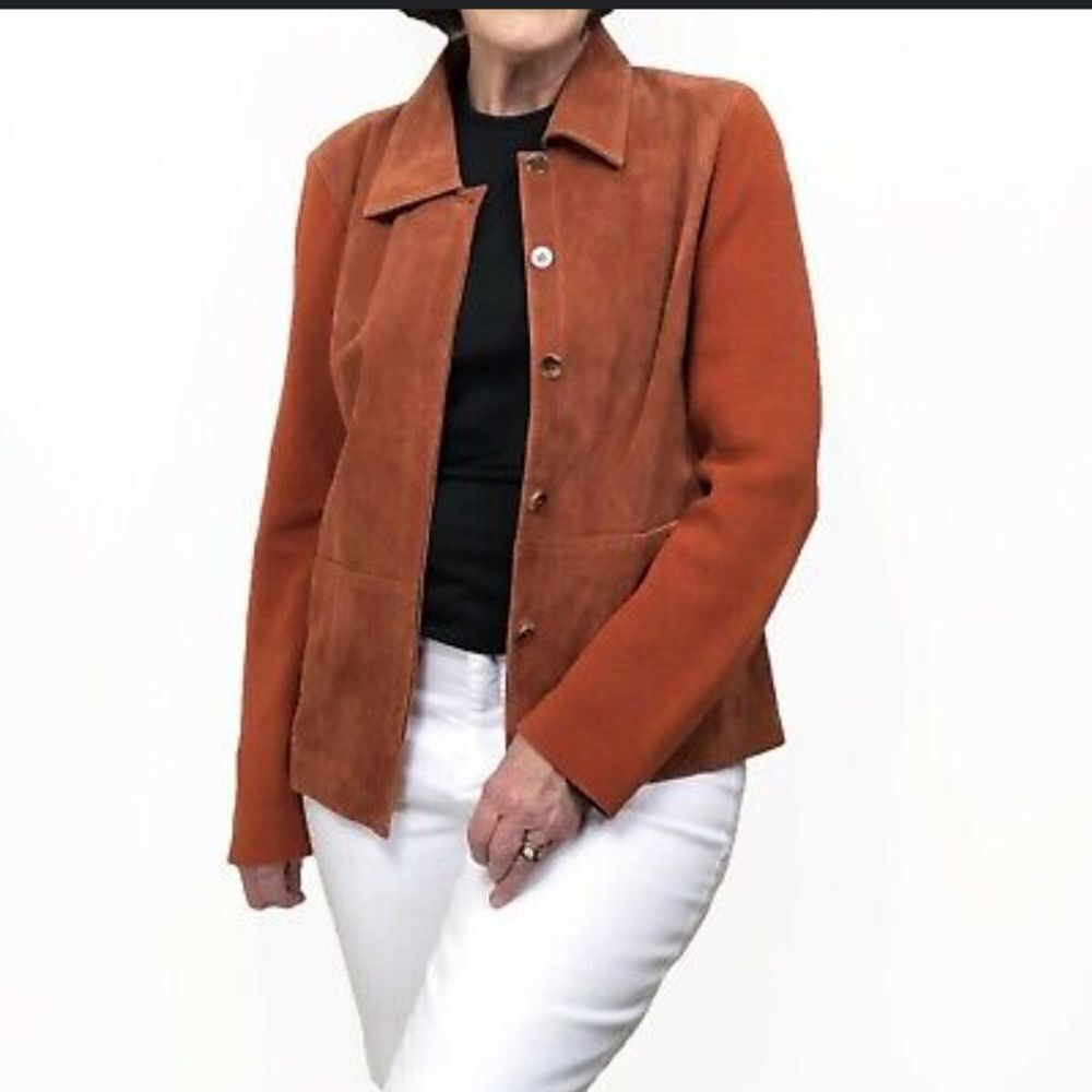 Sigid Olsen Jacket Leather Silk cotton mix media 70s sz M orange tortoise button